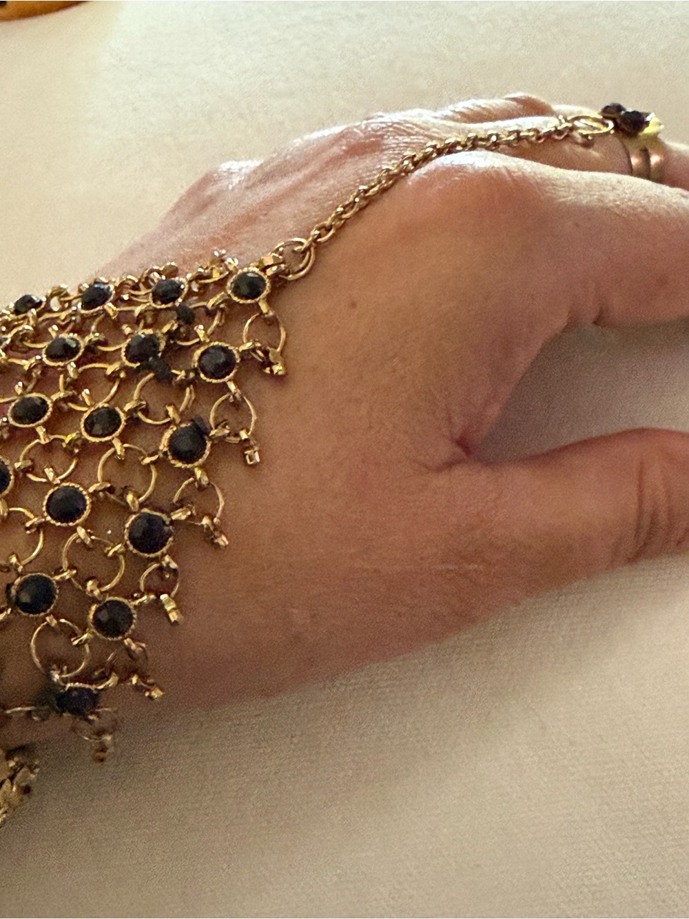 Gold-Tone Chain Hand Harness with Black Accent Stones - Women Jewelry